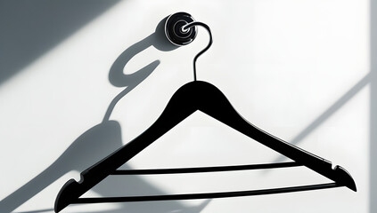 Minimalist black silhouette of a modern clothes hanger hanging from a slim chrome hook on a pure white background, evoking order, simplicity, stillness, and quiet anticipation in domestic space