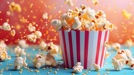 Striped box overflowing with popcorn; scattered kernels against a vibrant orange and blue gradient background