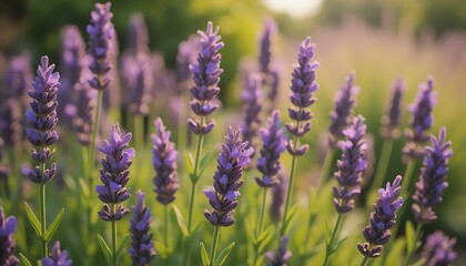Obraz premium Close-up of lavender flowers in sunlight on a green field.