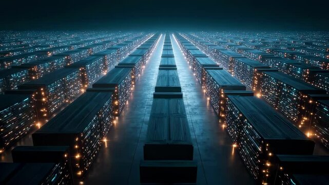 A birdseye view of a vast data center revealing neatly aligned server racks equipped with cuttingedge technology. The strategic layout and illuminated indicators emphasize efficiency