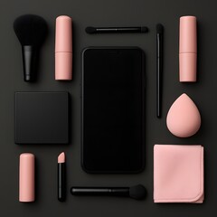 Stylish flat lay of pink makeup products and black smartphone on dark background, featuring lipstick, brushes, sponges, and cloth, blending technology and modern beauty essentials

