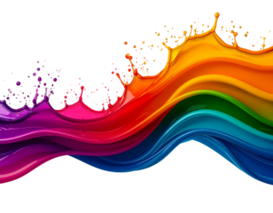Isolated rainbow wave splashing with droplets on a plain background. Fun go with the flow pride month concept.