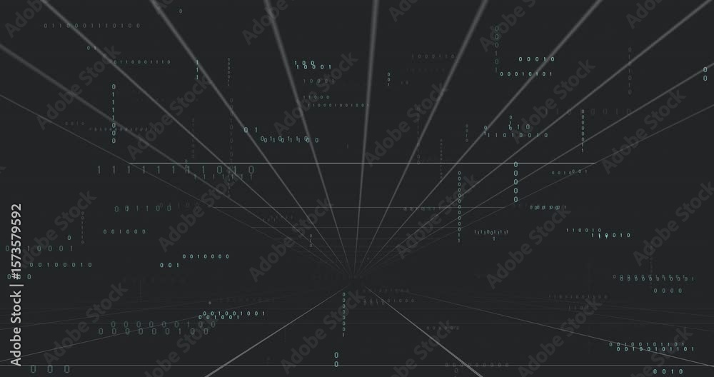 Poster starting 3d data tunnel, grid lines converging as binary digits shifting, fading, showing data flow