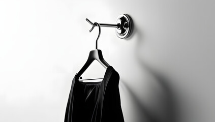 Minimalist black silhouette of a modern clothes hanger hanging from a slim chrome hook on a pure white background, evoking order, simplicity, stillness, and quiet anticipation in domestic space