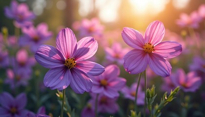 Fototapeta premium Close-up of pink Cosmos flowers in a field, sunlit background