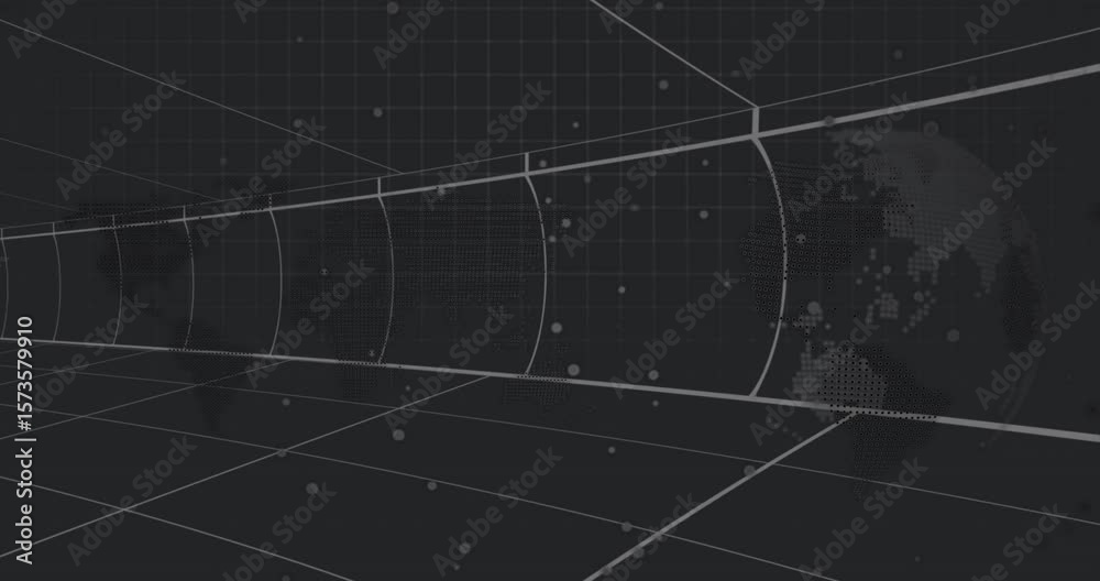 Poster grid tunnel opening sending dots drifting globe forming then rotating visualizing digital world