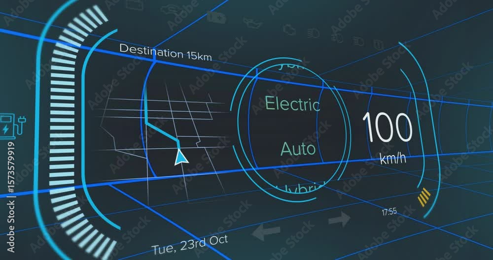 Poster holographic hud animating grid, speed climbing gauges extending and mode cycling showing progress