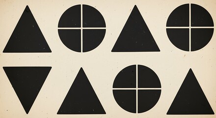 A grid of simple black geometric shapes  triangles and circles divided into quarters  on a textured, off-white background.
