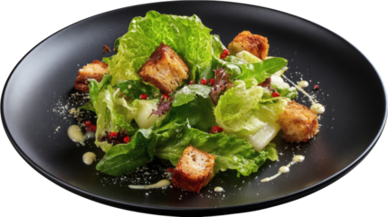 Black plate with creative Caesar salad, food presentation, isolated on transparent 