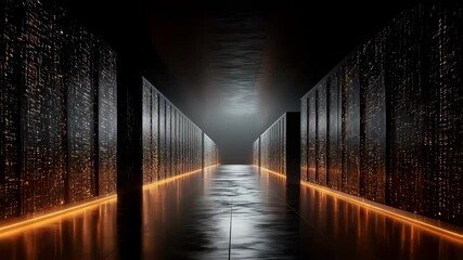 Futuristic server room corridor glowing with orange lights and data flowing, creating a powerful image of digital information and technology - Powered by Adobe