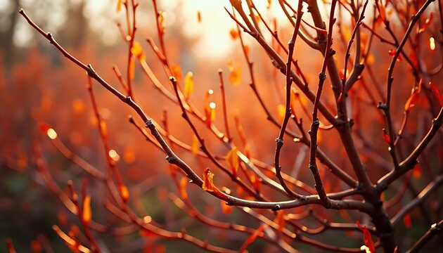 Close-up of red tree branches with emerging leaves in warm sunlight