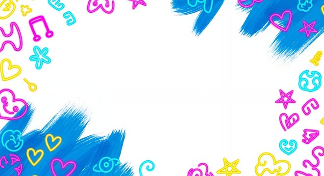 A playful border of various neon outline icons (hearts, stars, music notes, etc.) and blue paint splashes on a clean white background.