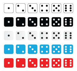 Dice graphic icon set vector design. White, black, red, blue game dice cubes from one to six dots.