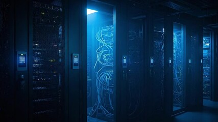 Dark high-security server farm with biometric scanner lights and locked doors - Powered by Adobe