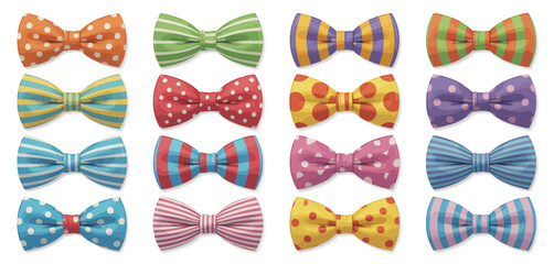 Collection of sixteen colorful bow ties with various patterns and stripes