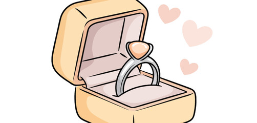 Cute cartoon engagement ring in a box with hearts floating around