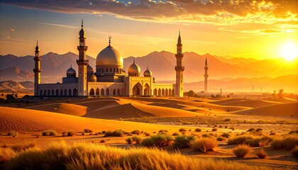 Mosque in desert at sunset (1)