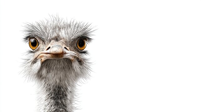 A close-up portrait of a curious ostrich's face, set against a clean white background