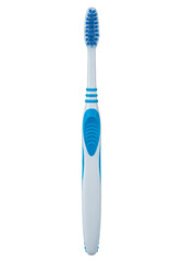 Isolated Plastic Toothbrush with Blue Bristles and White Handle on Transparent