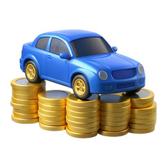 Blue automobile resting on stacks of gold coins isolated on transparent background
