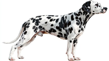 A distinguished dog with white fur adorned by black spots, standing proud in profile