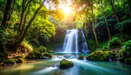 Fototapeta premium Lush waterfall in a vibrant forest