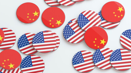 USA and China flag badge 3D render isolated illustration political concept
