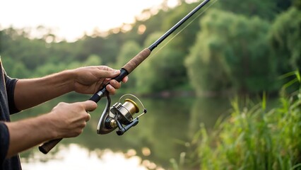 Man holding a fishing rod and reel by a calm lake surrounded by lush green trees