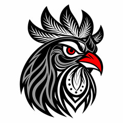 Tribal rooster head design in bold black lines