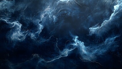 "Stormy night sky marble in deep blue-black with turbulent water texture. Hyper-realistic swirling cloud patterns and dramatic light contrast."

