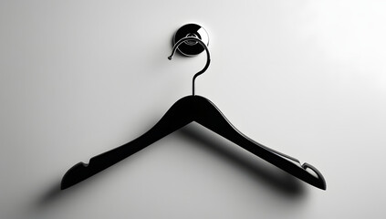 Minimalist black silhouette of a modern clothes hanger hanging from a slim chrome hook on a pure white background, evoking order, simplicity, stillness, and quiet anticipation in domestic space