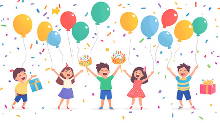 Fototapeta premium Whimsical and festive birthday-themed illustrations featuring cakes, cupcakes, gift boxes, balloons, party decorations, confetti, and celebratory elements in a playful doodle style.