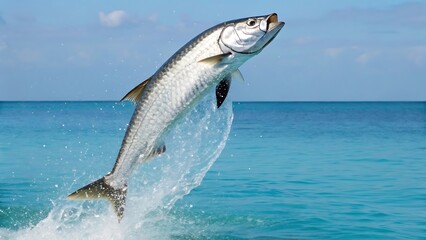 Powerful tarpon leaps from turquoise water creating a splash under a clear blue sky
