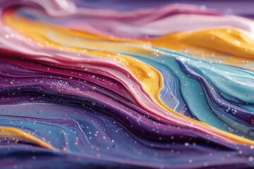 Abstract Fluid Art Background. Vibrant Purple, Blue, Yellow & Orange Swirls with Modern Decorative Patterns