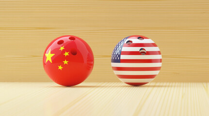 USA and China bowling metaphor 3D render illustration global conflict concept