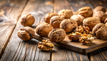 Fototapeta premium Macro shot of walnut halves on white ceramic plate