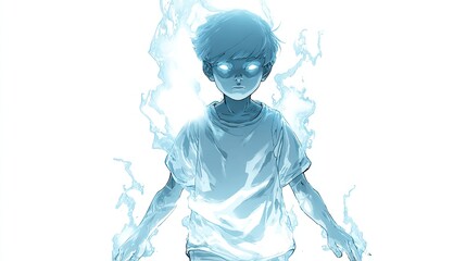 A young child, glowing with electric energy, stands with determined eyes and white clothing against a backdrop