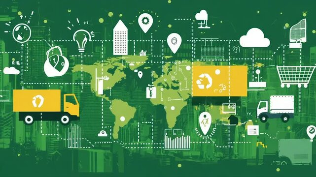 Global sustainable supply chain visualized with delivery trucks, recycling, and eco-friendly icons on a world map