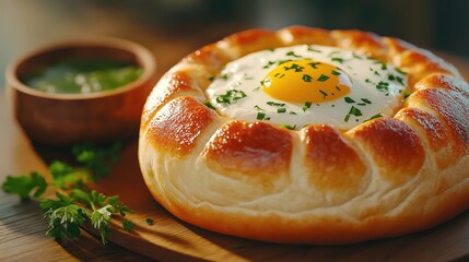 Freshly baked khachapuri, bread filled with cheese and raw egg, resting on wooden platter 