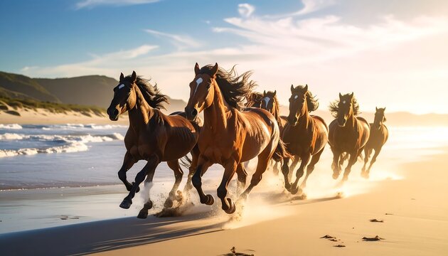 A herd of horses galloping across a sandy beach at sunset - Powered by Adobe