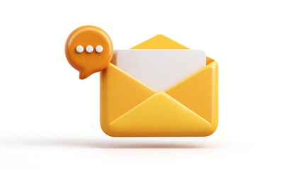 A 3D-rendered, slightly glossy, yellow envelope icon, slightly ajar, revealing a blank white note; a small, orange chat bubble with three ellipses is affixed to its side, signifying a new message