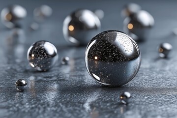 Abstract 3D Rendering of Metallic Spheres with Shiny Surfaces on Dark Background. A Modern and Artistic Composition