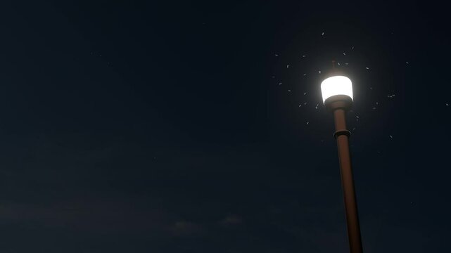 A glowing streetlamp with moths flying around it illuminates the night, surrounded by subtle clouds and scattered stars. 3D render
