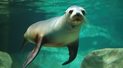 Obraz premium Curious sea lion swimming underwater.