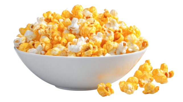 Bowl of gourmet luxury popcorn, snack time concept, isolated on transparent 
