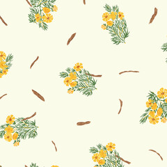 Obraz premium Delicate Yellow Flowers and Branches Seamless Pattern