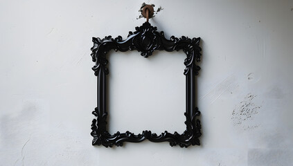 Black silhouette of an ornate baroque picture frame hanging crookedly from a rustic nail on a pure white background, emphasizing themes of memory, absence, and decorative historical emptiness