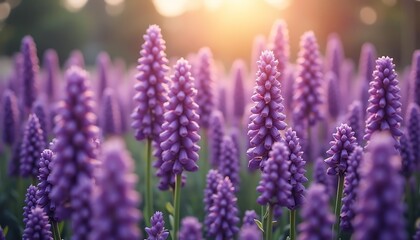 Field of purple Grape Hyacinth flowers with sunlight in the background.
