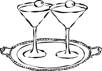 Copas de martini dibujadas a mano. Ilustración de bebidas para invitación, papelería o branding. Icono de brindis y celebración. Garabato de Paisaje de mesa.