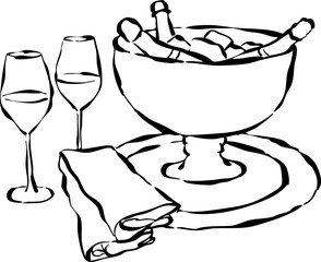 Copas y cubitera dibujadas a mano. Ilustración de bebidas para invitación, papelería o branding. Icono de brindis y celebración. Garabato de Paisaje de mesa.